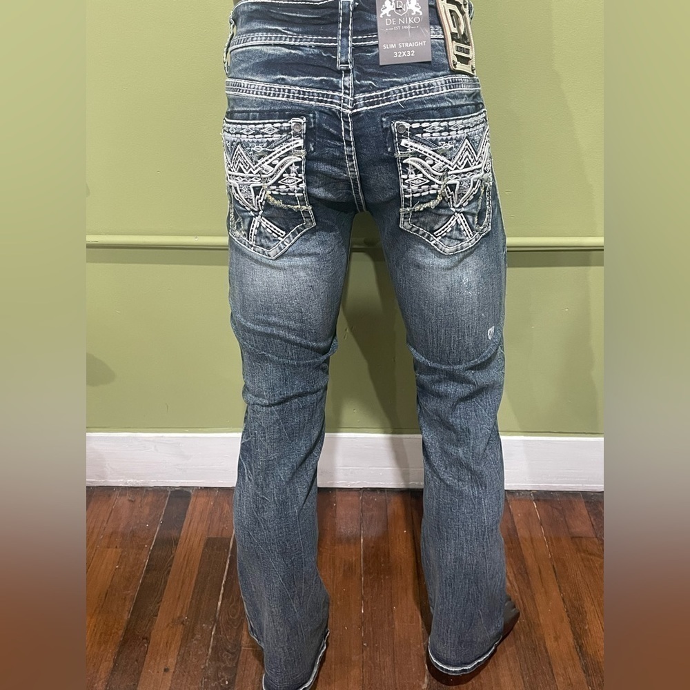 Deniko jeans slim straight embroidery back pocket premium cotton